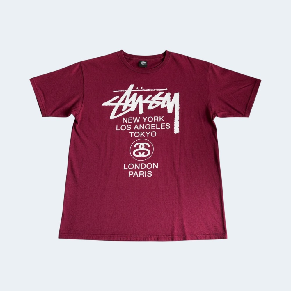 Stussy Burgundy World Tour Graphic T-Shirt Size Large Streetwear Skater Tee